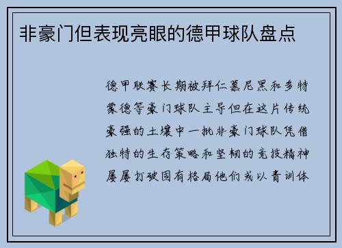 非豪门但表现亮眼的德甲球队盘点